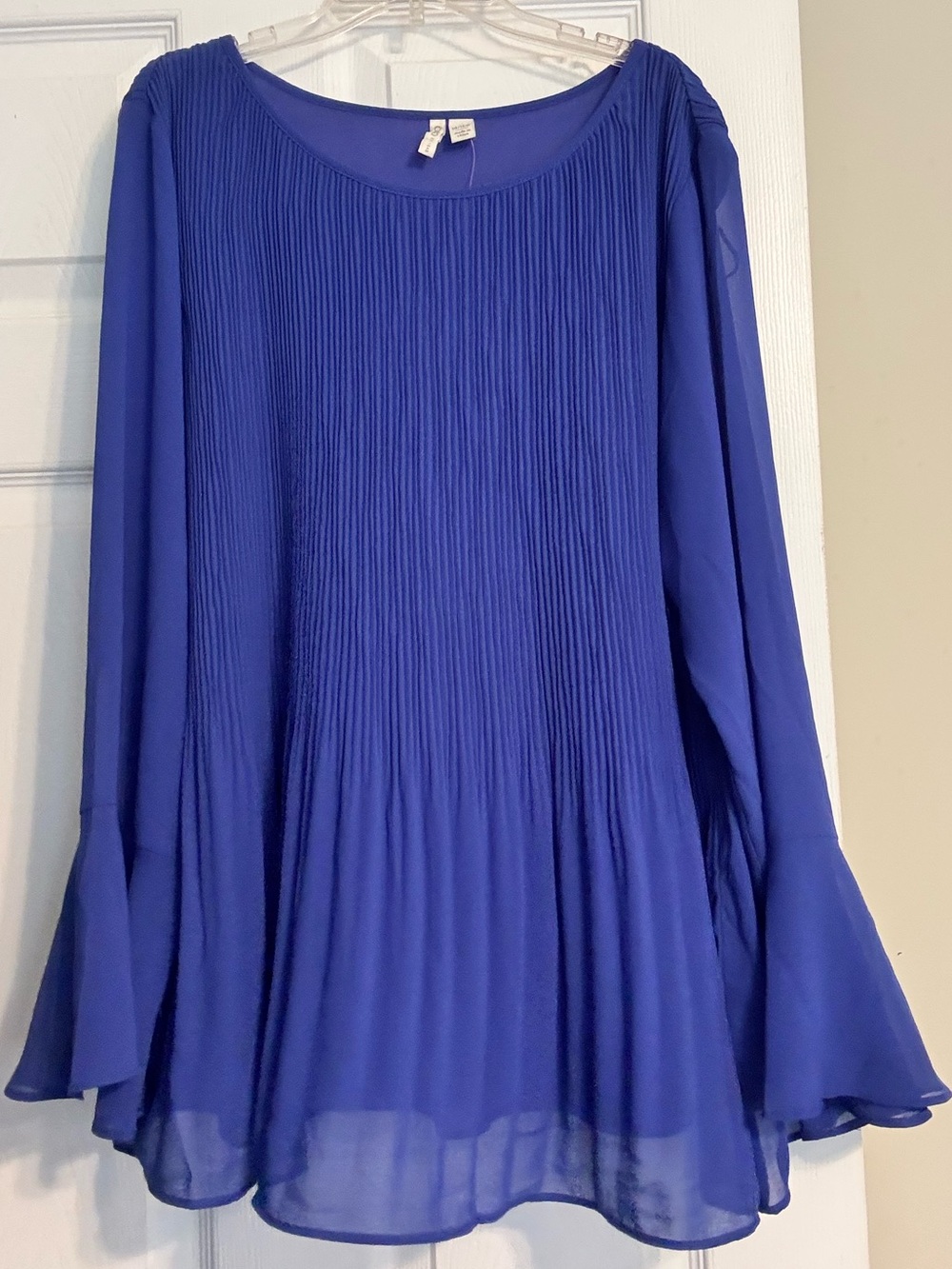 NWT Cato Blue Purple Chiffon Pleated Sheet Long Bell Sleeve Blouse Size 14/16W
